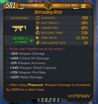Bitch weapon example Level 50 stats