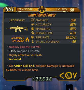 Pain is Power weapon example Level 50 stats