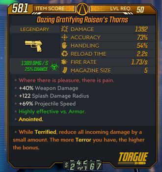 Roisen's Thorns weapon example Level 50 stats