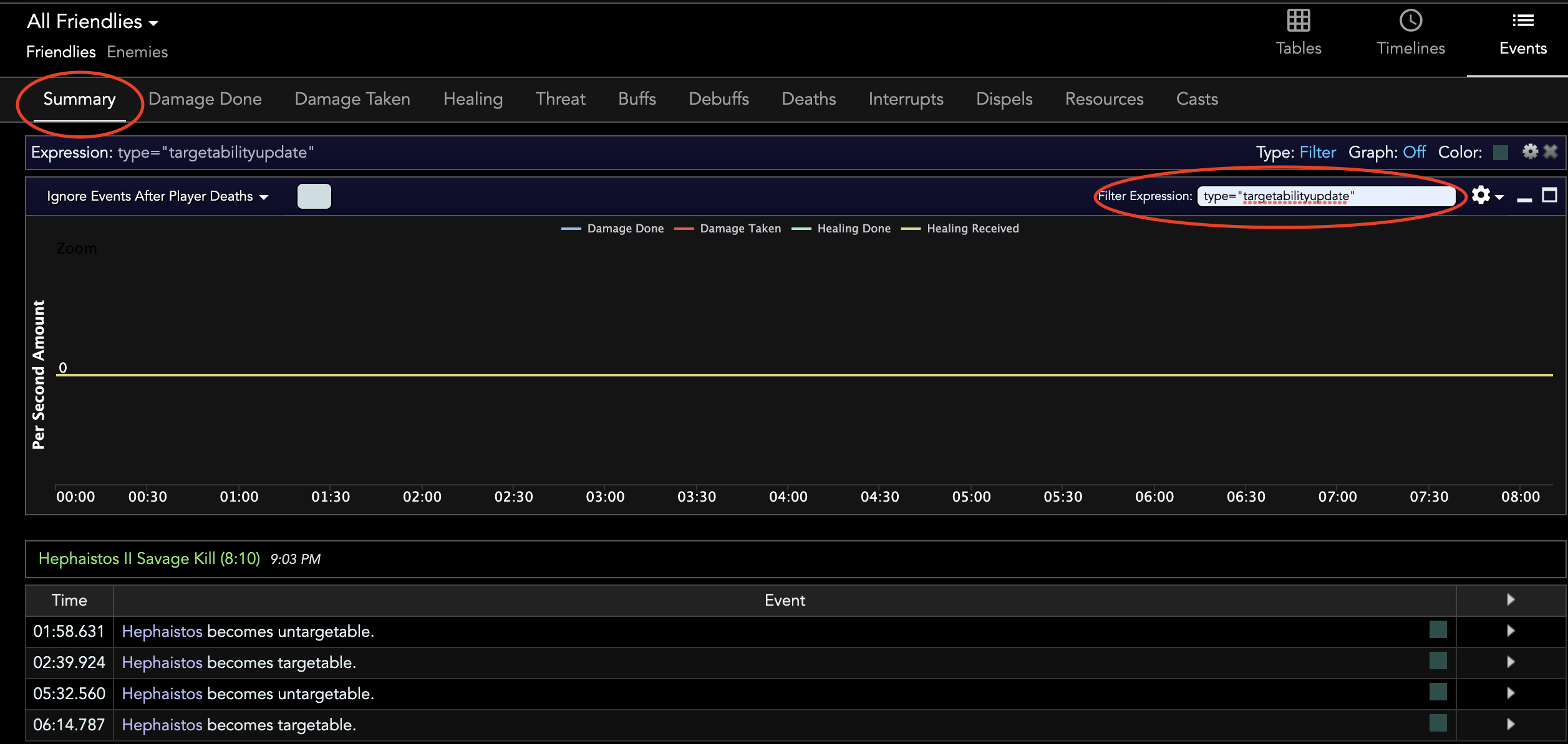 Log displaying
    two instances of the boss going untargetable.