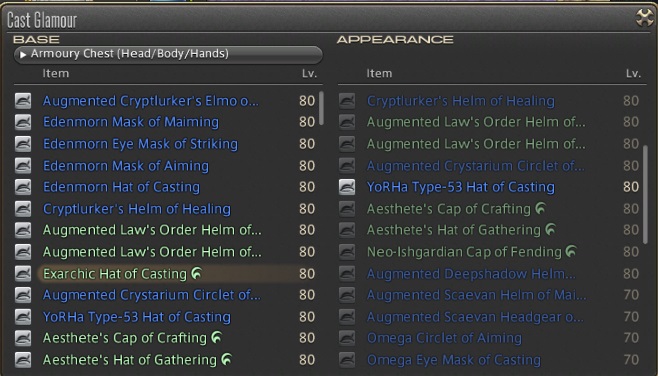FFXIV Cast Glamour menu