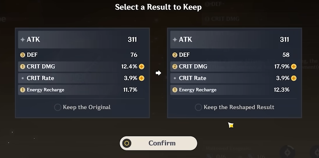 Genshin Artifact rerolling substat choices