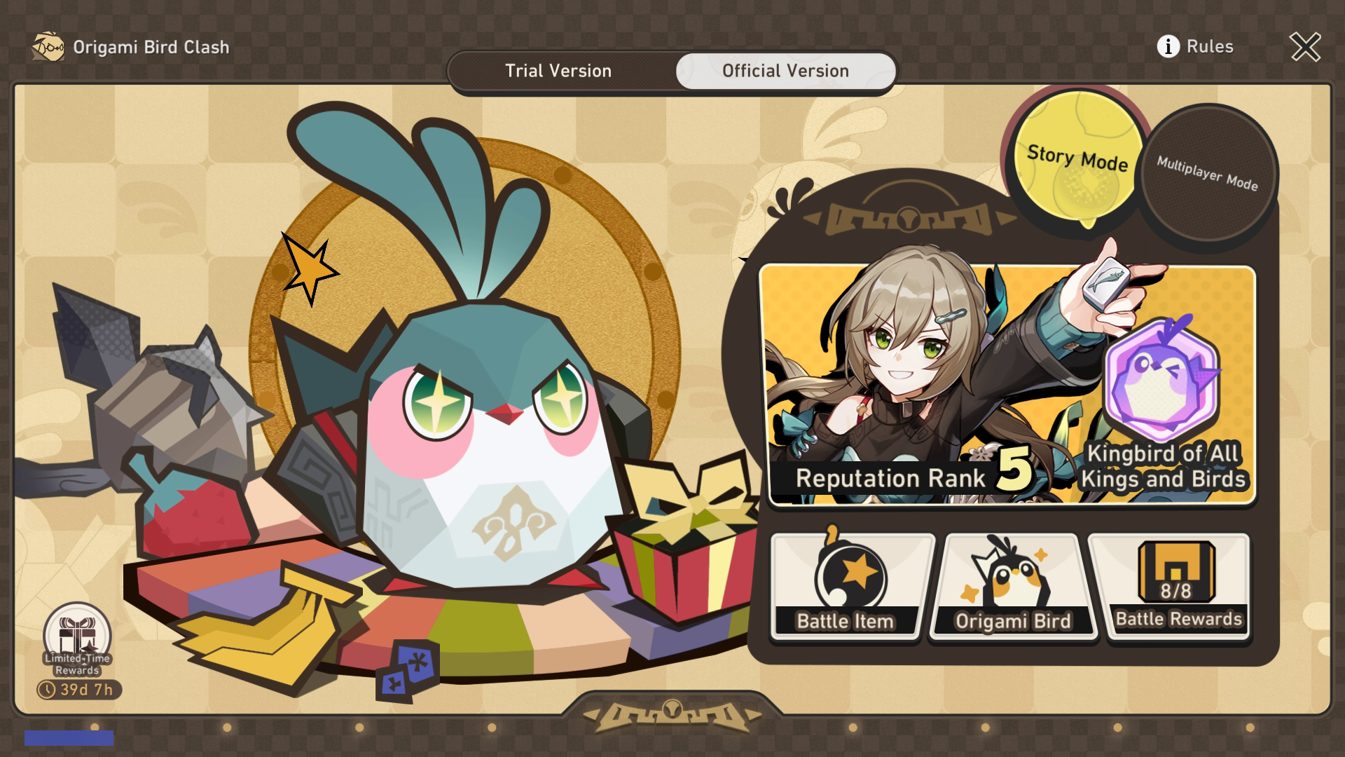 Origami Bird Clash: Official Edition Menu