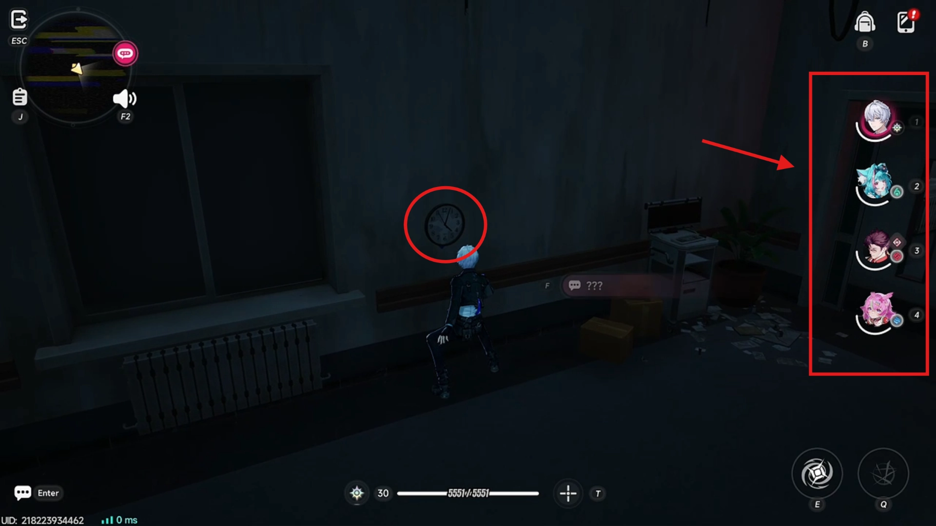 Clock on wall, and door highlighted on edge of screen