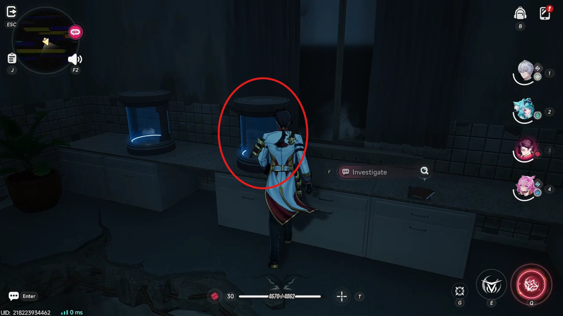 'Investigate' prompt when close to the second canister from the left