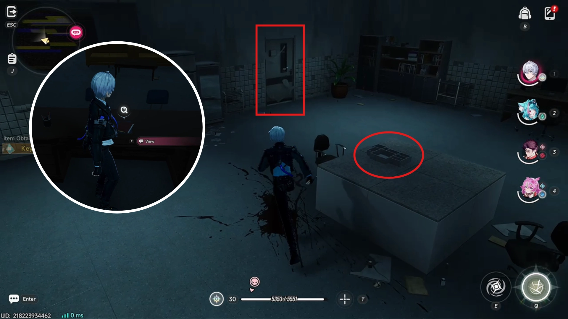 Table in center of room, and highlighted clue and door