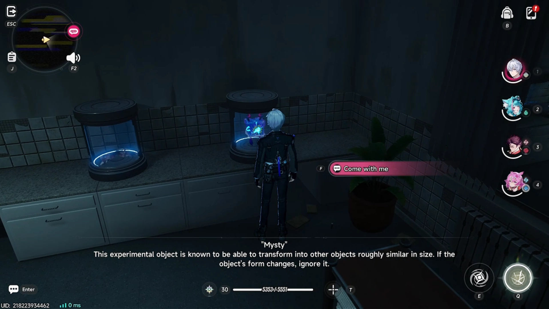 Two blue containers on cabinet, player interacting with right-most one to talk to Mysty