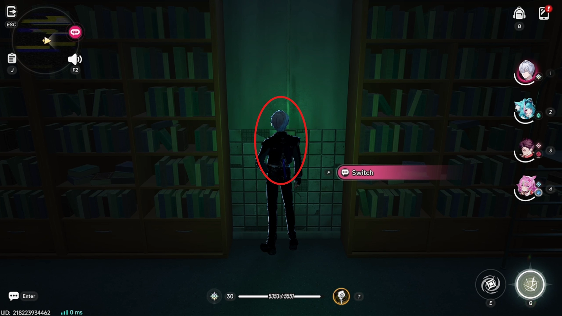 Player illuminated by green light between 2 book cases for the switch puzzle