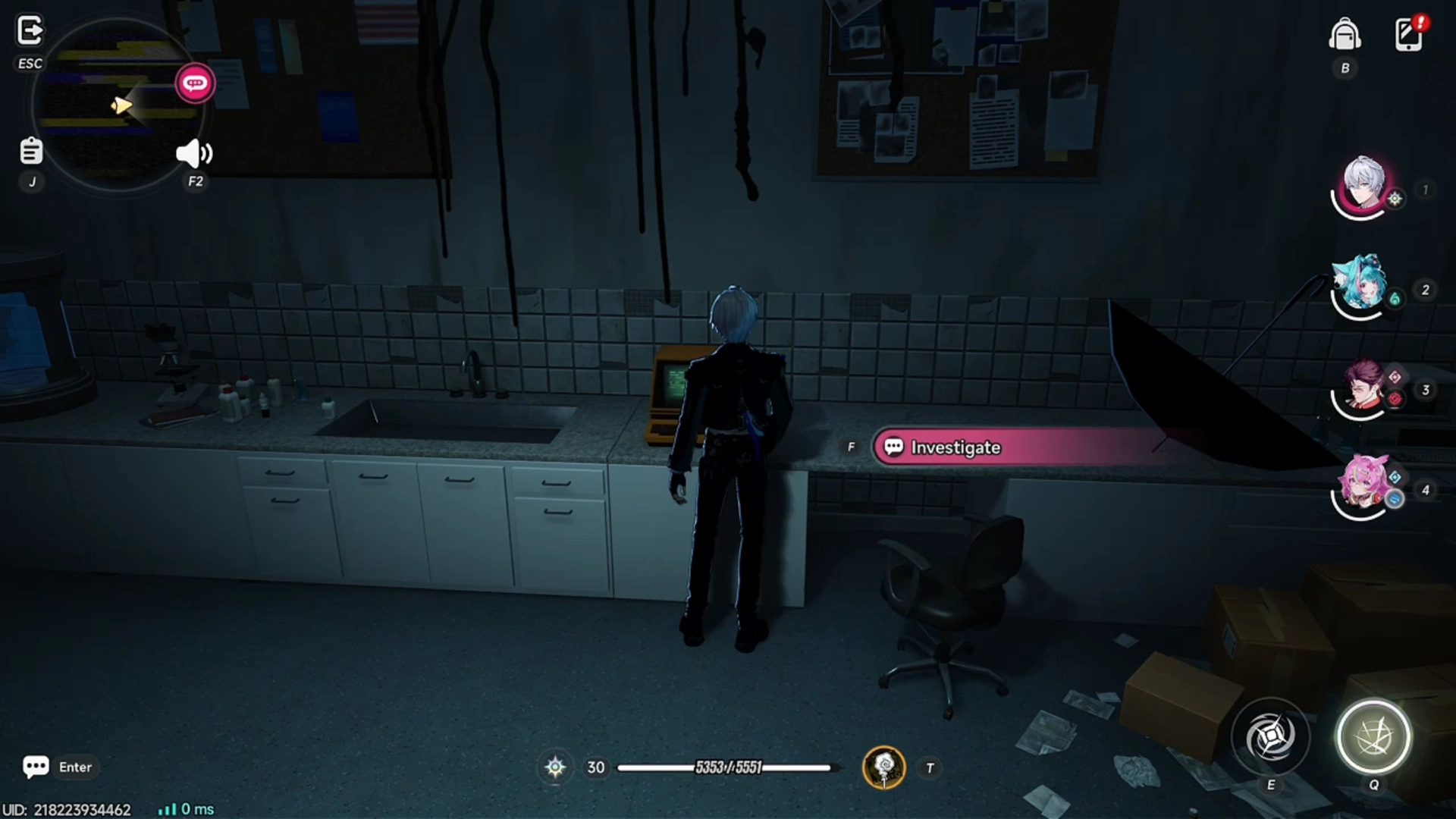 Player collecting final clue from a computer on a cabinet