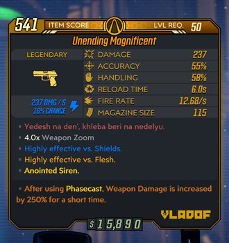 Unending Magnificent weapon example Level 50 stats