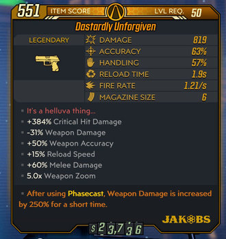 Unforgiven weapon example Level 50 stats