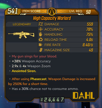 Warlord weapon example Level 50 stats