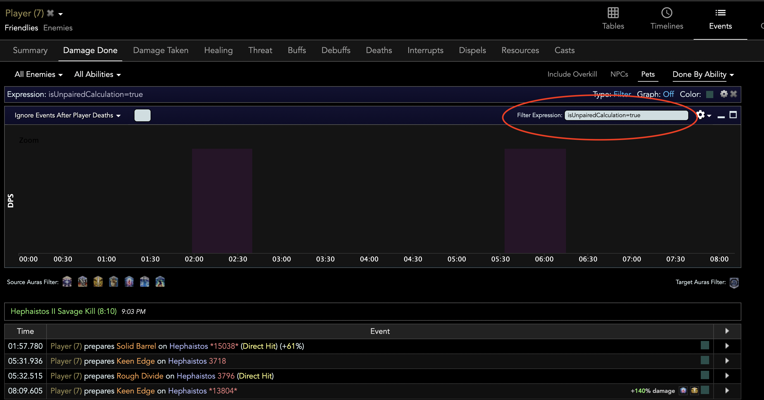 FFLogs filtering
    showing all ghosted hits from the Gunbreaker.