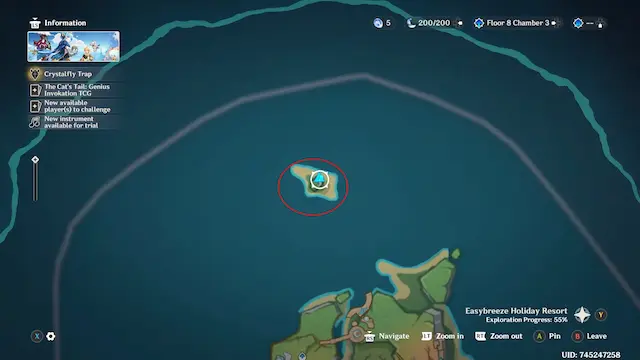 Easybreeze Precious Collectables: ##7 This one is not on the map, but it is located on the small Island at the very top of the Resort. Use Furina or a Saurian to walk/swim across the water, the chest is located on the ground