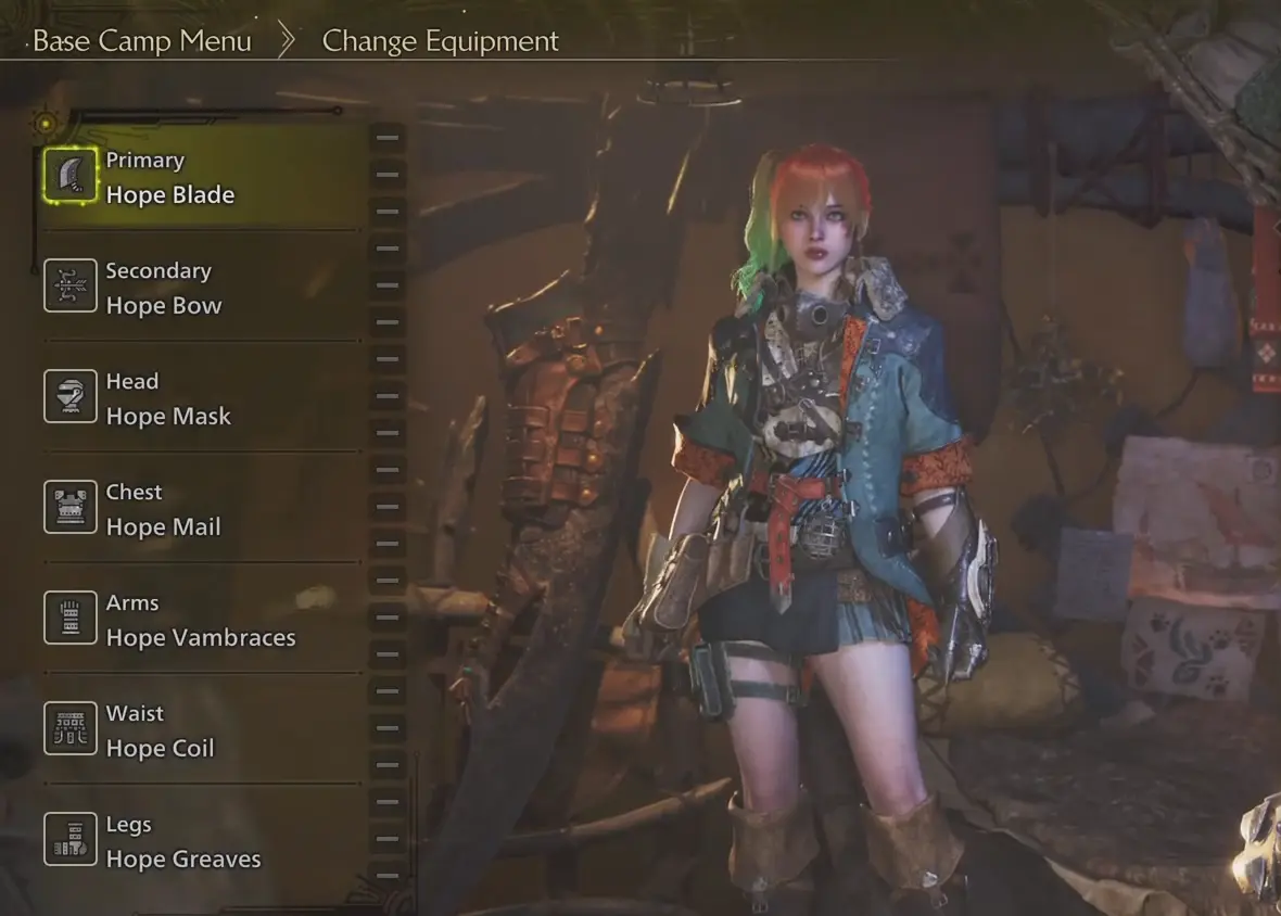 Secondary weapon menu in your camp in Monster Hunter Wilds