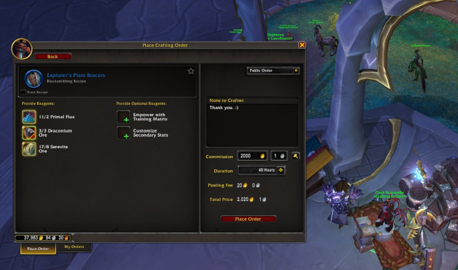 Placing an Crafting Order specifics