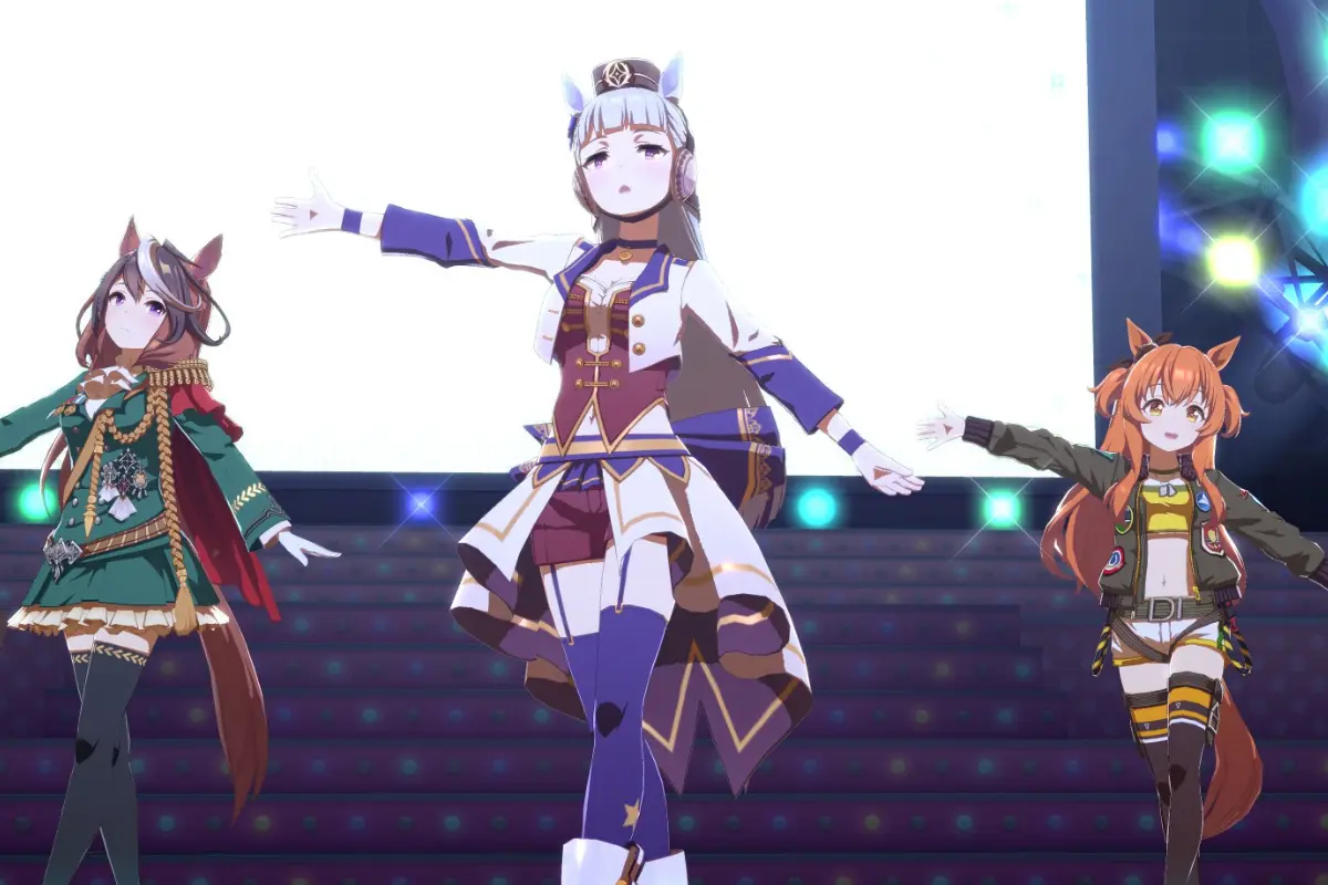 Goldship singing in a concert alongside two other Umamusume in Umamusume: Pretty Derby.