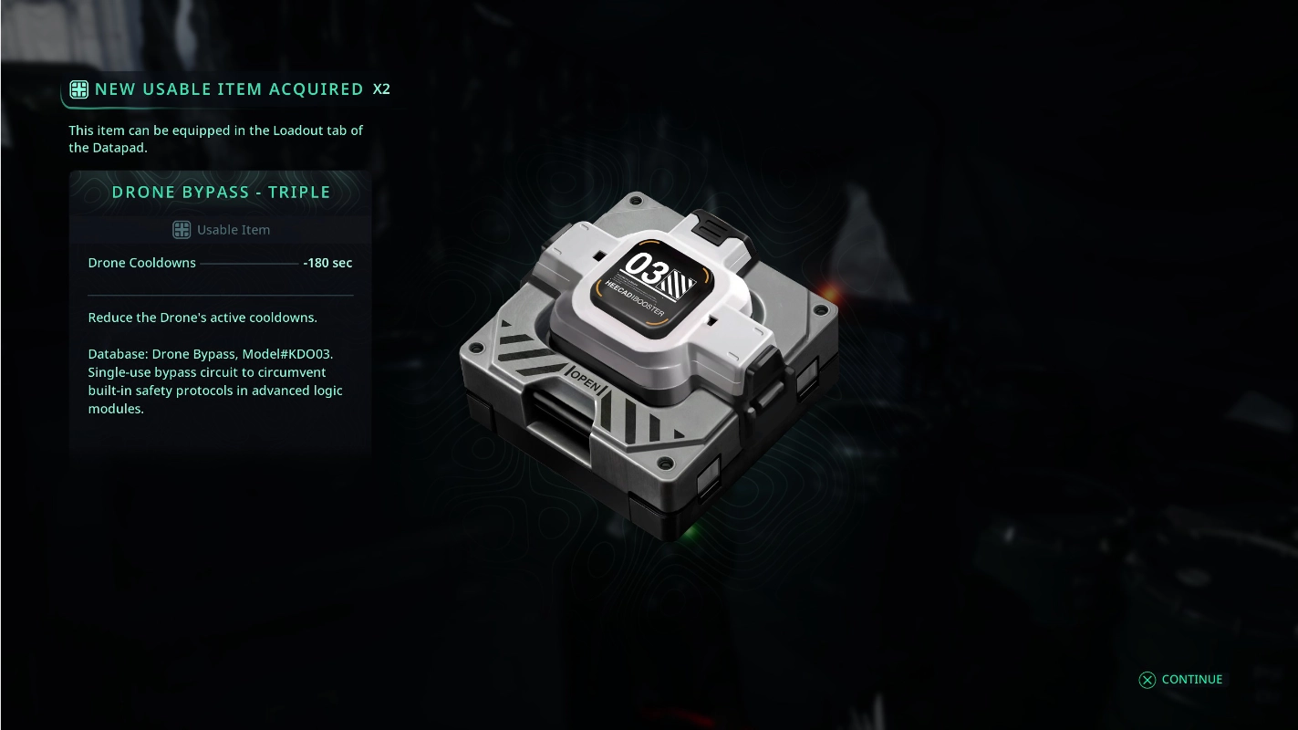 A drone bypass which shortens the cooldown on your drone abilities.