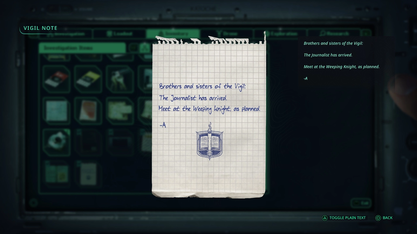 One of the many notes from the game, cataloged in your inventory.