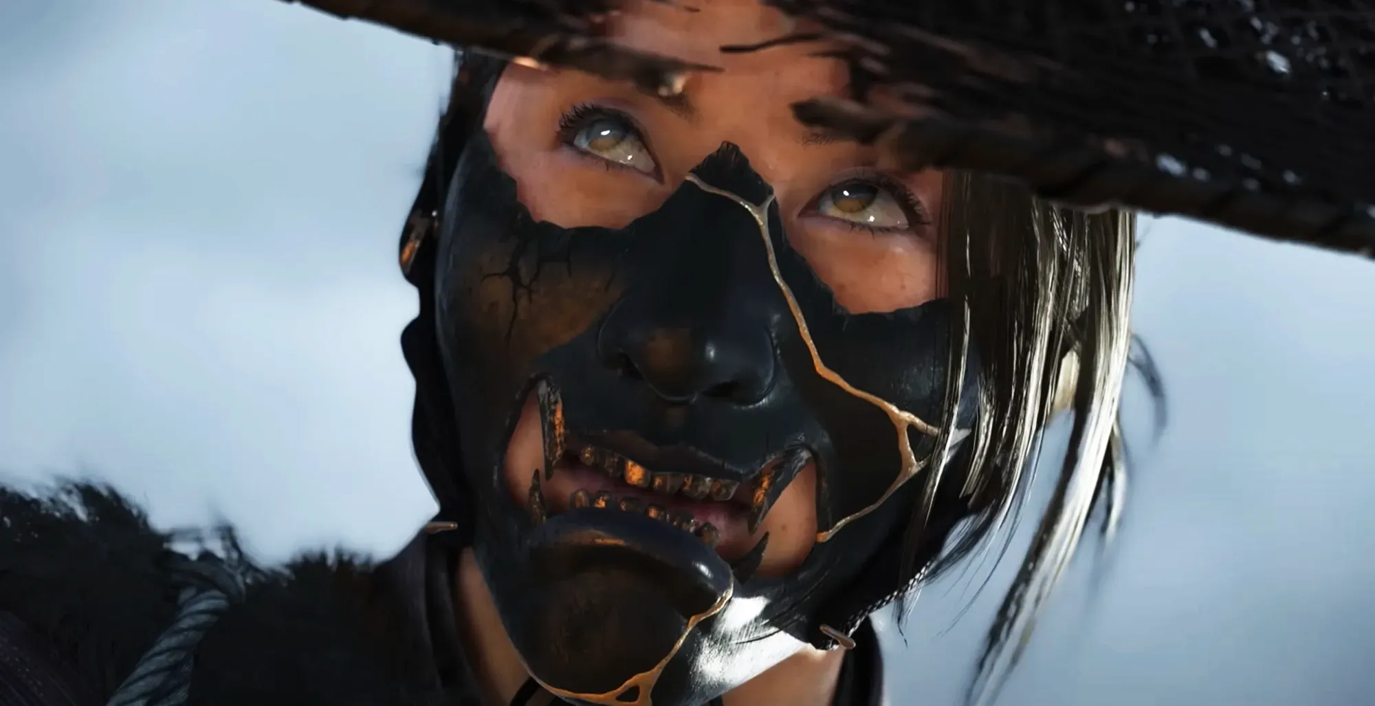 Ghost of Yotei's Protagonist, looking into the distance, Facemask broken, but determined!