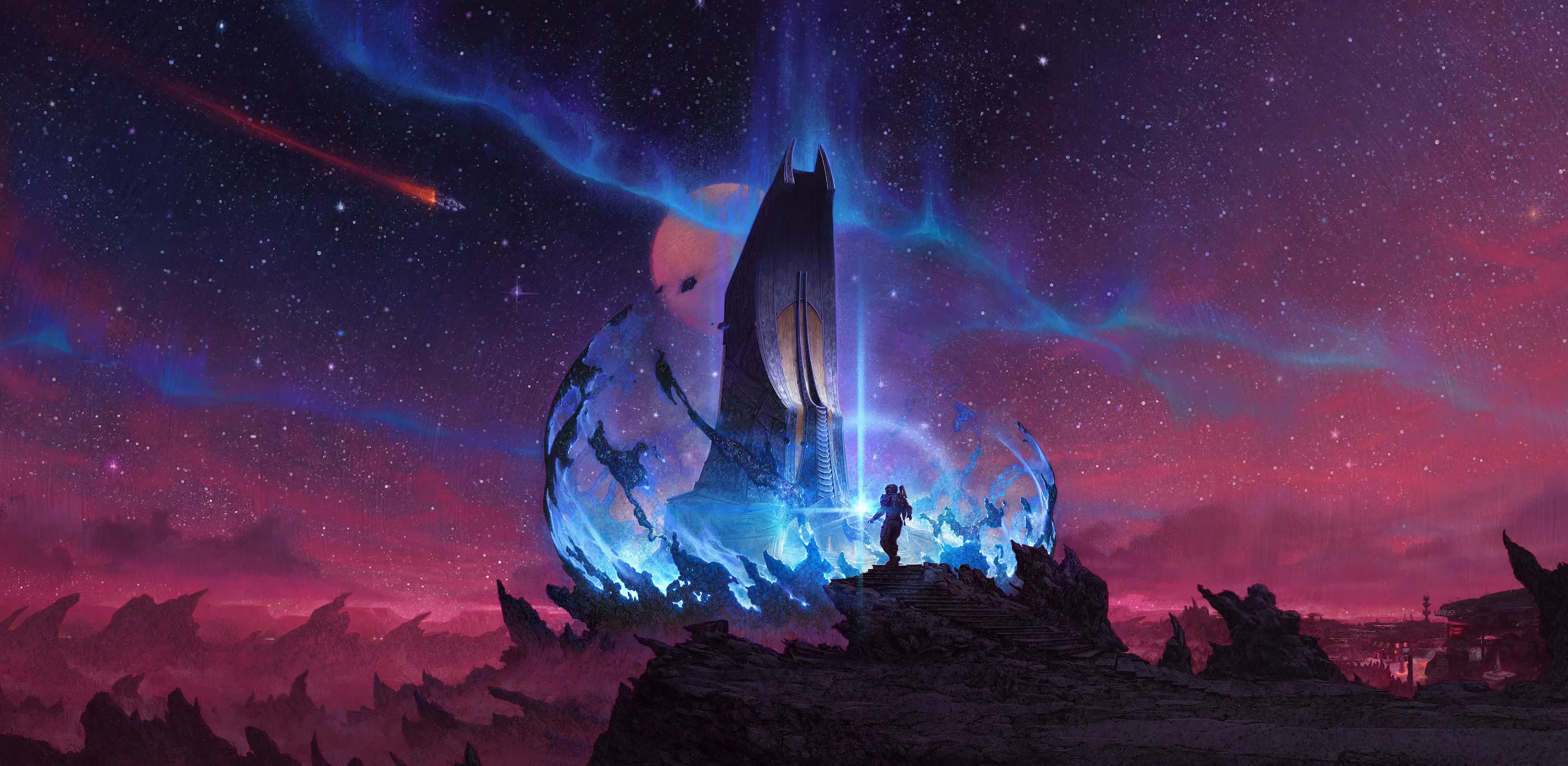 An otherworldly night sky, painted in hues of deep purple and magenta, looms over a stark, alien landscape. In the center, a monumental, futuristic structure pierces the sky, glowing with brilliant blue light that forms a partial dome around its base. A lone Starfield character figure in a spacesuit stands on a rocky outcrop in the foreground, looking toward the glowing edifice. A bright orange shooting star streaks across the upper-left of the frame, and a large, reddish moon hangs in the distance. The scene evokes a sense of exploration and wonder in a vast, unknown universe.