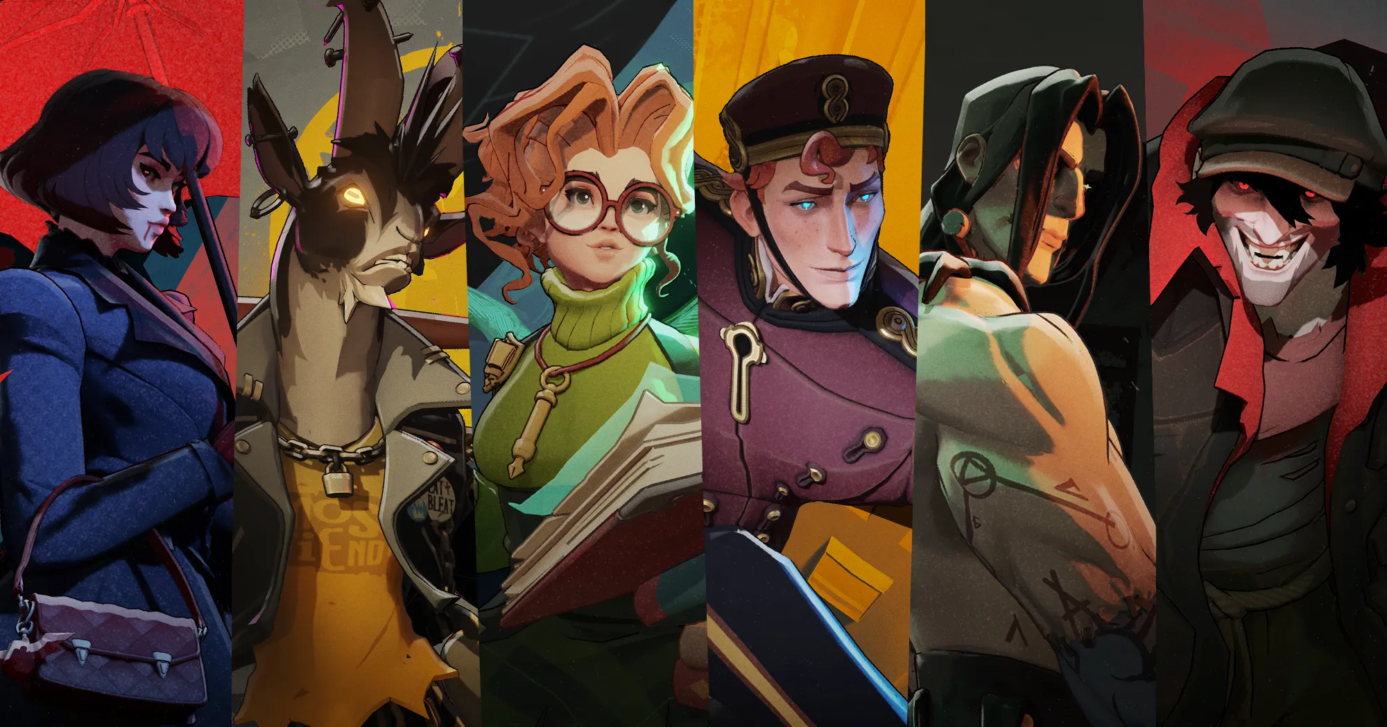 Lineup of six Deadlock characters, each with distinct styles and personalities, including a woman with a red umbrella, a horned beast in a jacket, a scholar with glasses and a book, a uniformed officer, a tattooed fighter, and a sinister man in a cap.