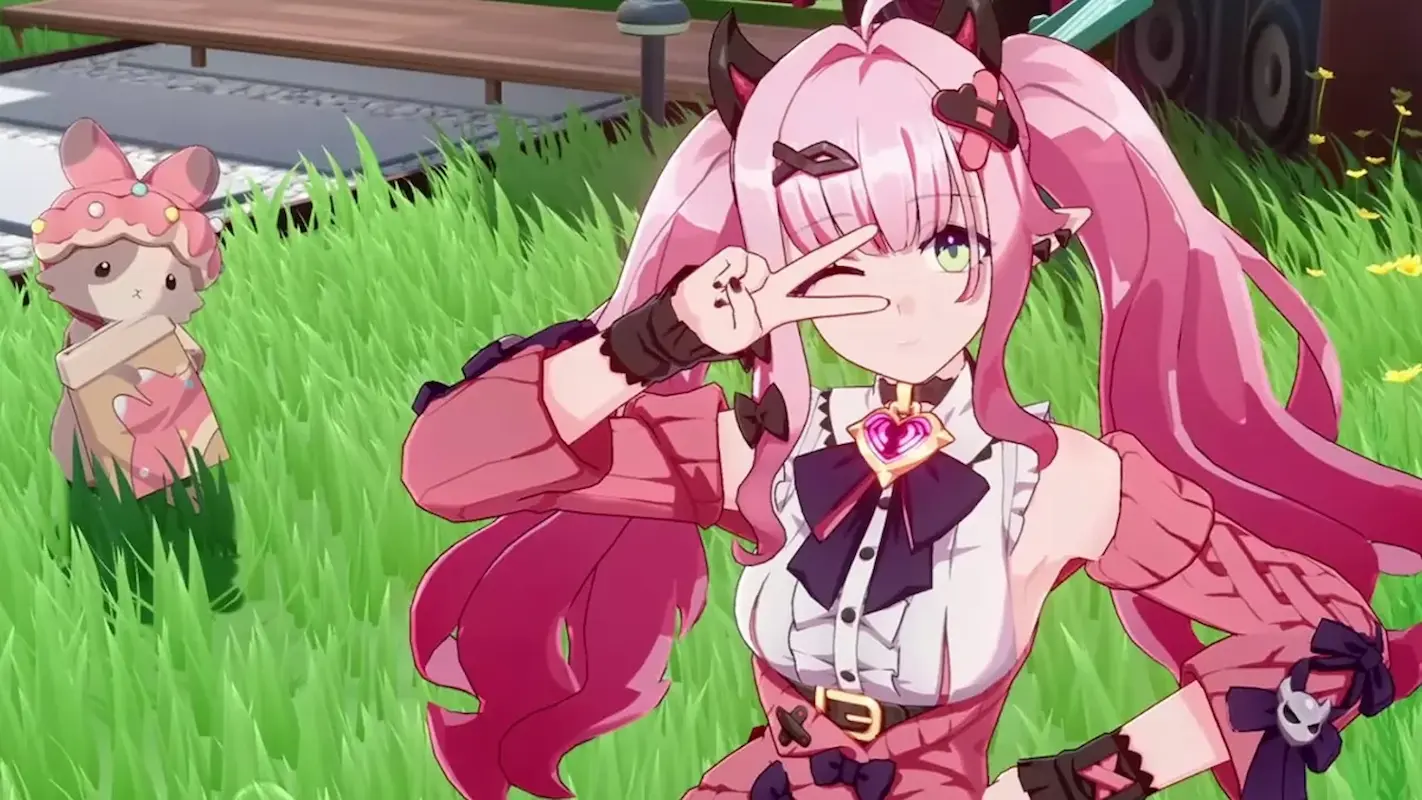 A pink-haired character in Honkai: Nexus Anima poses with a playful peace sign, wearing a gothic-inspired outfit with heart and ribbon details. Behind her, a pudding-themed creature with bunny ears stands in the grass.
