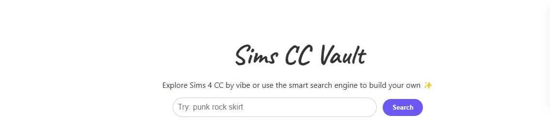 SimsCCVault homepage search bar with the text prompt “Try: punk rock skirt,” inviting users to search Sims 4 custom content by vibe or keyword.