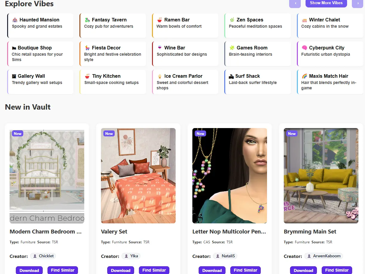 SimsCCVault browse section with curated “Vibes” like Haunted Mansion, Zen Spaces, and Cyberpunk City, alongside a “New in Vault” feed with recent CC such as a modern bedroom set and jewelry.