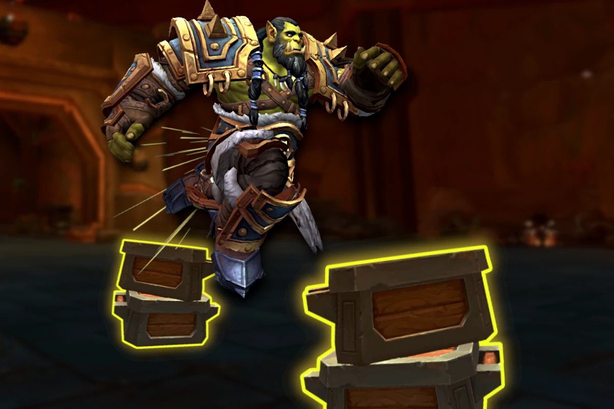 WoW Housing obstacle course featuring Thrall mid-jump between crates.