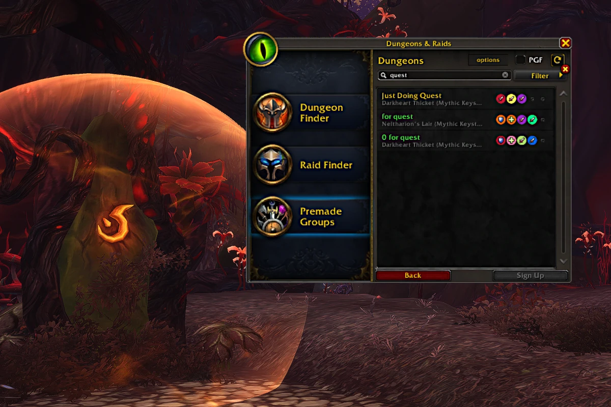 Group Finder open outside a dungeon, showing player listings for Balance of Power quest runs.