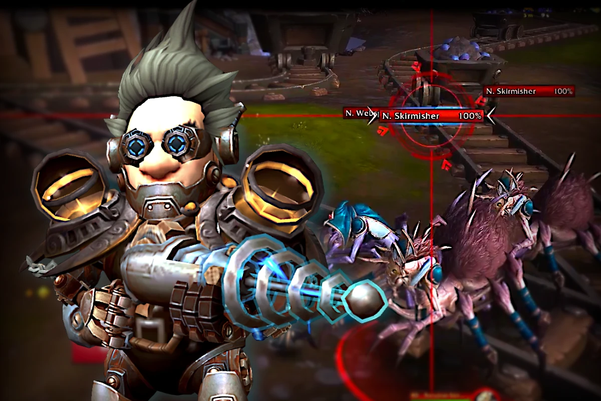 A Mechagnome Hunter activates targeting systems using the CrosshairsPlus Addon, locking onto enemies with mechanical precision.