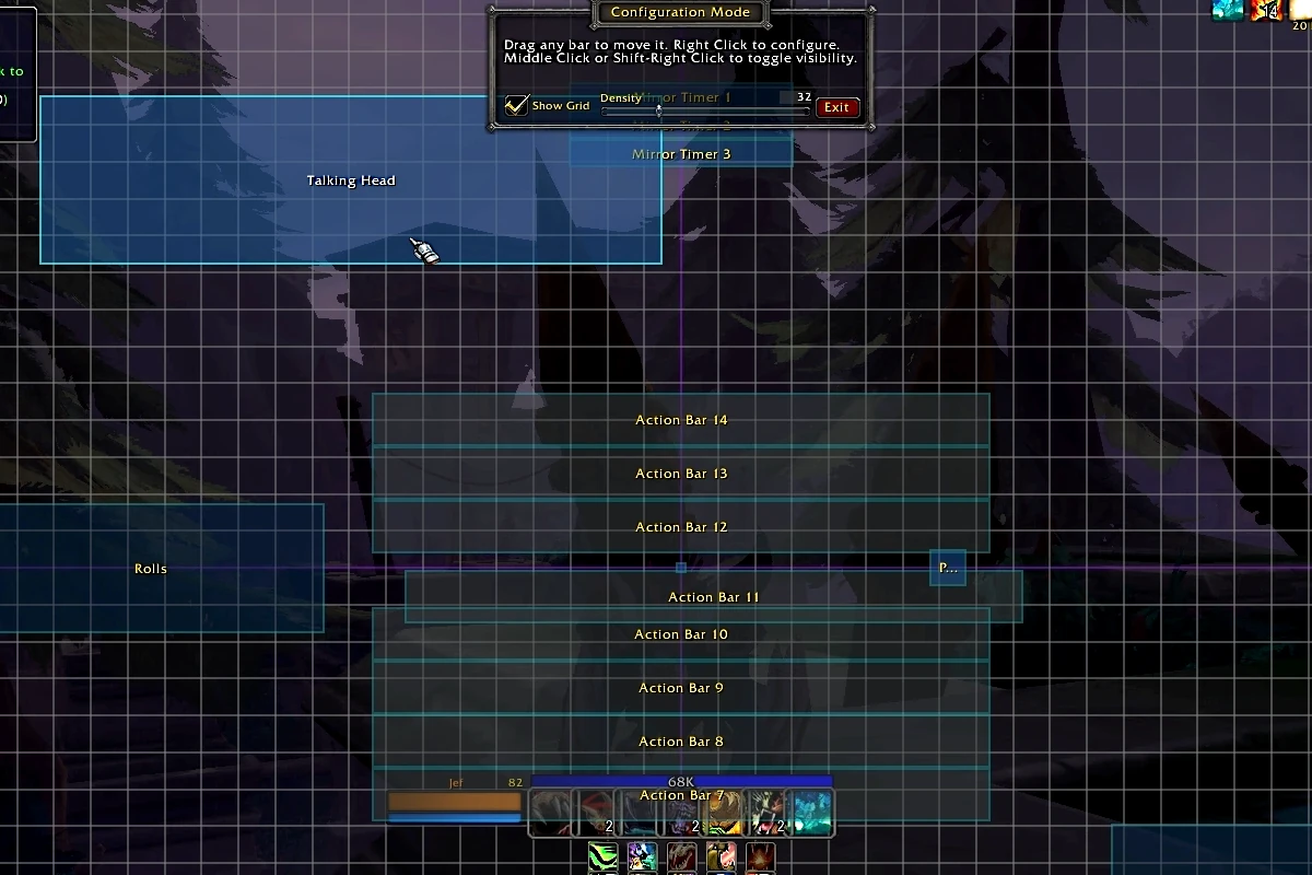 Dominos action bar addons shown in configuration mode, with draggable action bar frames and grid alignment visible in the Midnight beta UI.