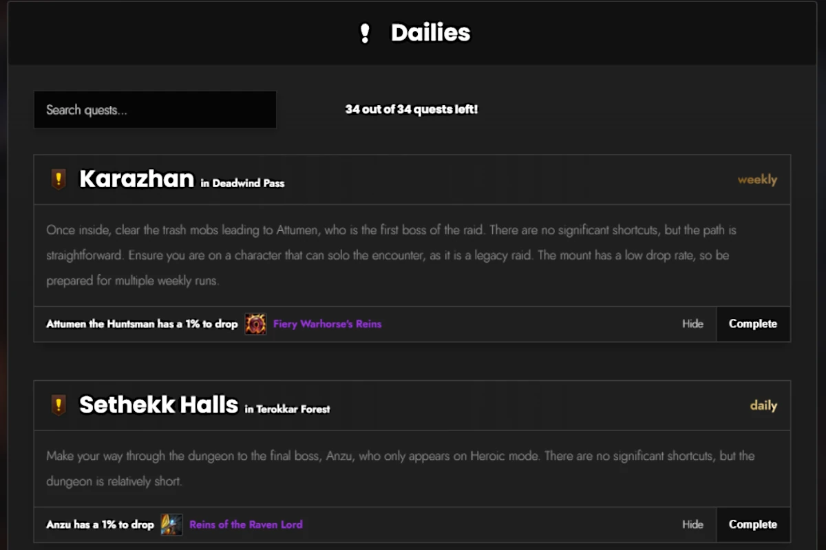 Screenshot of the missingmounts Dailies tab showing World of Warcraft farming tips for weekly Karashan and daily Sethekk Halls, including Fiery Warhorse's Reins and Reins of the Raven Lord.