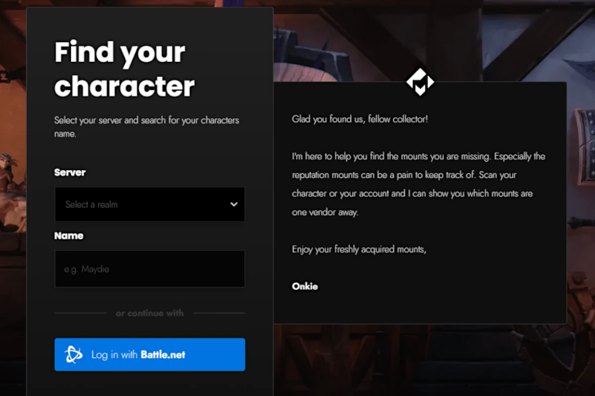 The missingmounts login page, where players select their realm and character to scan for missing World of Warcraft mounts.