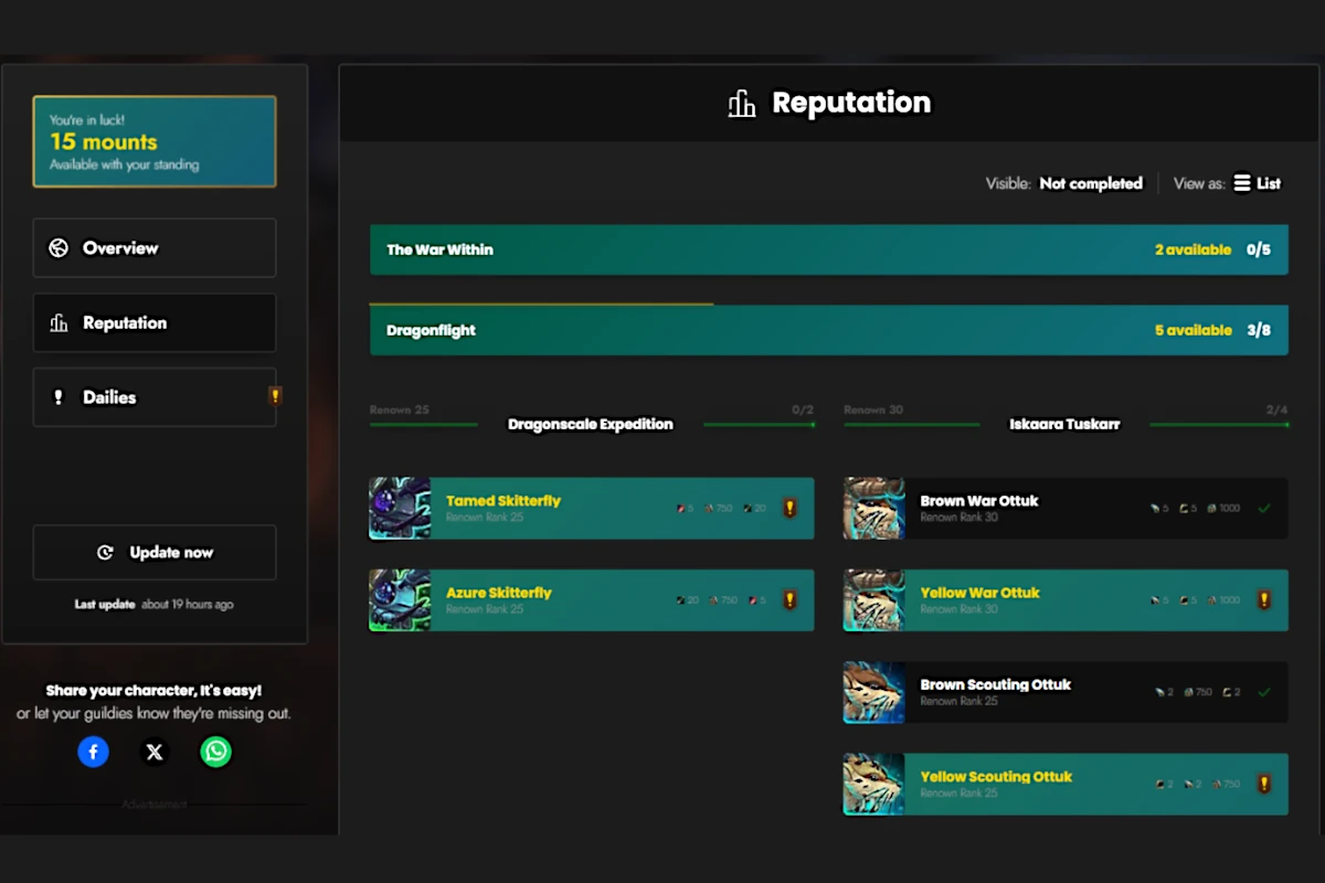 The missingmounts Reputation tab shows available World of Warcraft mounts from War Within and Dragonflight factions, such as the Iskaara Tuskarr and Dragonscale Expedition.