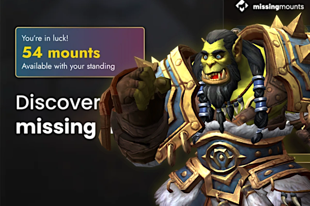 World of Warcraft's missingmounts website shows 54 available mounts, and Thrall is excitedly pumping his fist.