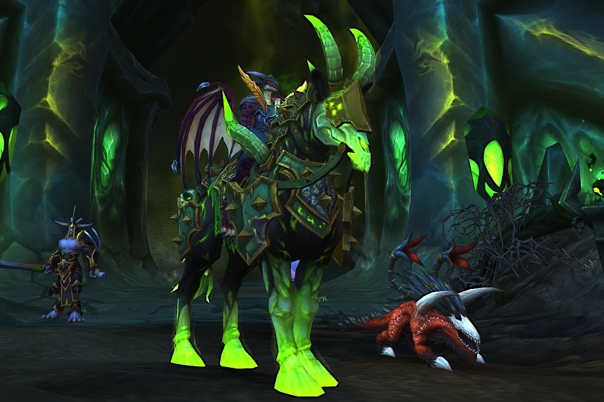 Warlock riding the fel-green Legion Remix class mount inside the Dreadscar Rift.