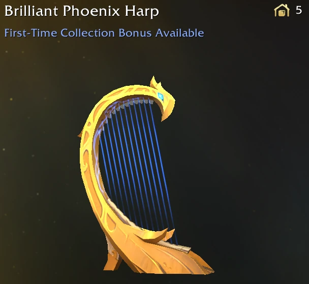Golden phoenix-shaped harp with glowing blue mana strings emitting soft magical light.
