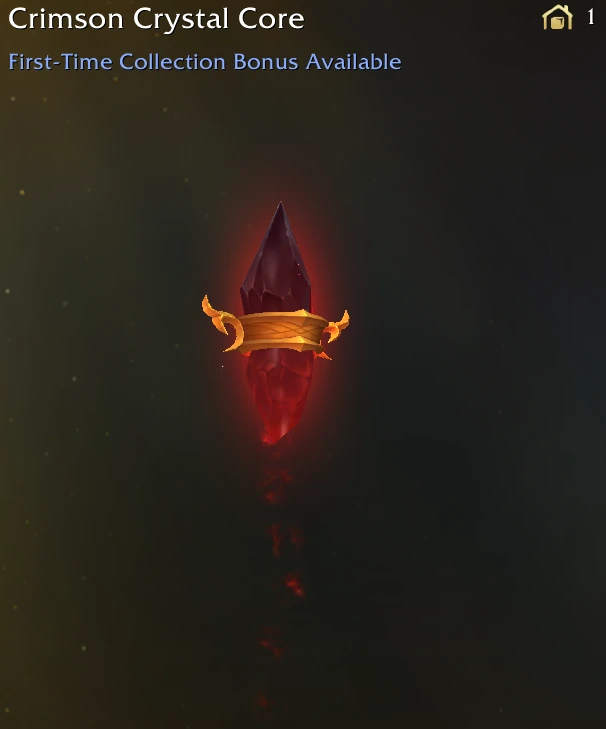 Floating red crystal surrounded by a glowing crimson aura and faint drifting particles.