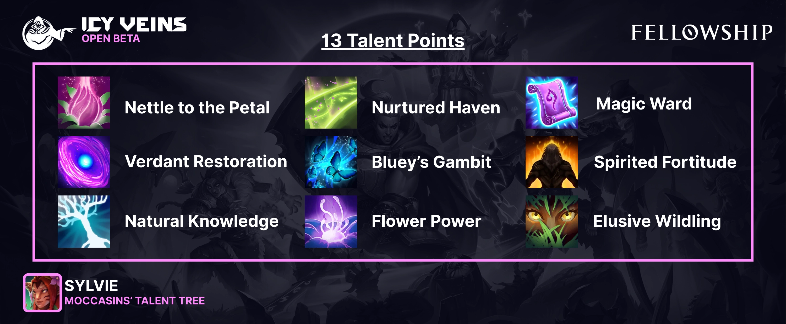 Moccasins' Talent Tree: Nettle to the Petal (1a), Verdant Restoration (1c), Natural Knowledge (2b), Nurtured Haven (4a), Magic Ward (4b), Bluey's Gambit (4c), Flower Power (5c), Elusive Wildling (6a), Spirited Fortitude (6c).