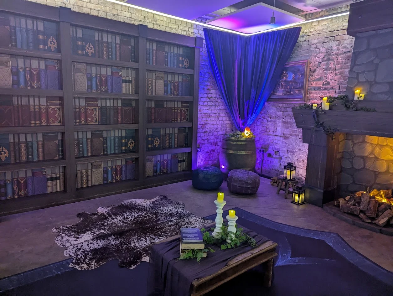 A photo of an area decorated to look like an in-game World of Warcraft lounge
