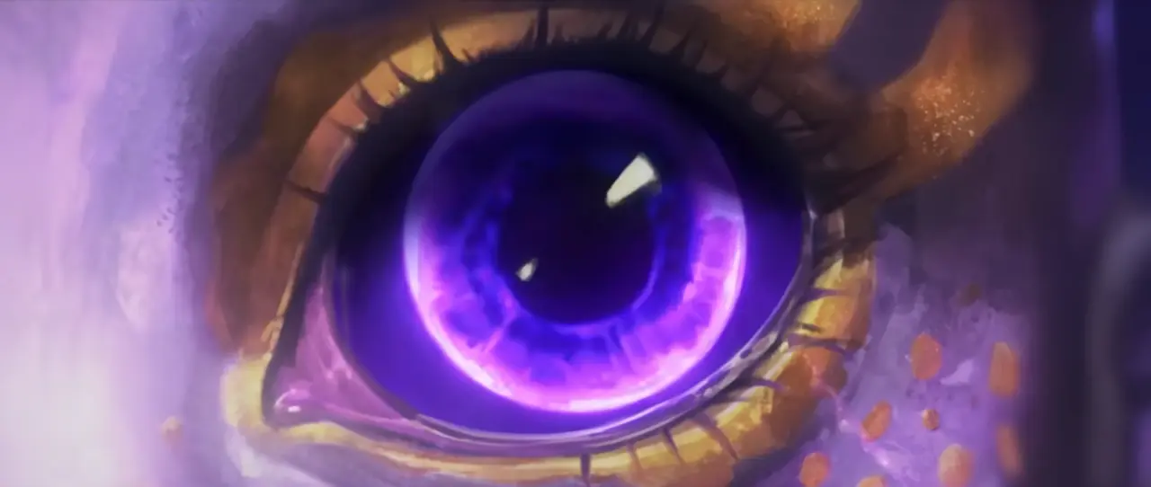 A close up of Xal'atath's eye, now void purple