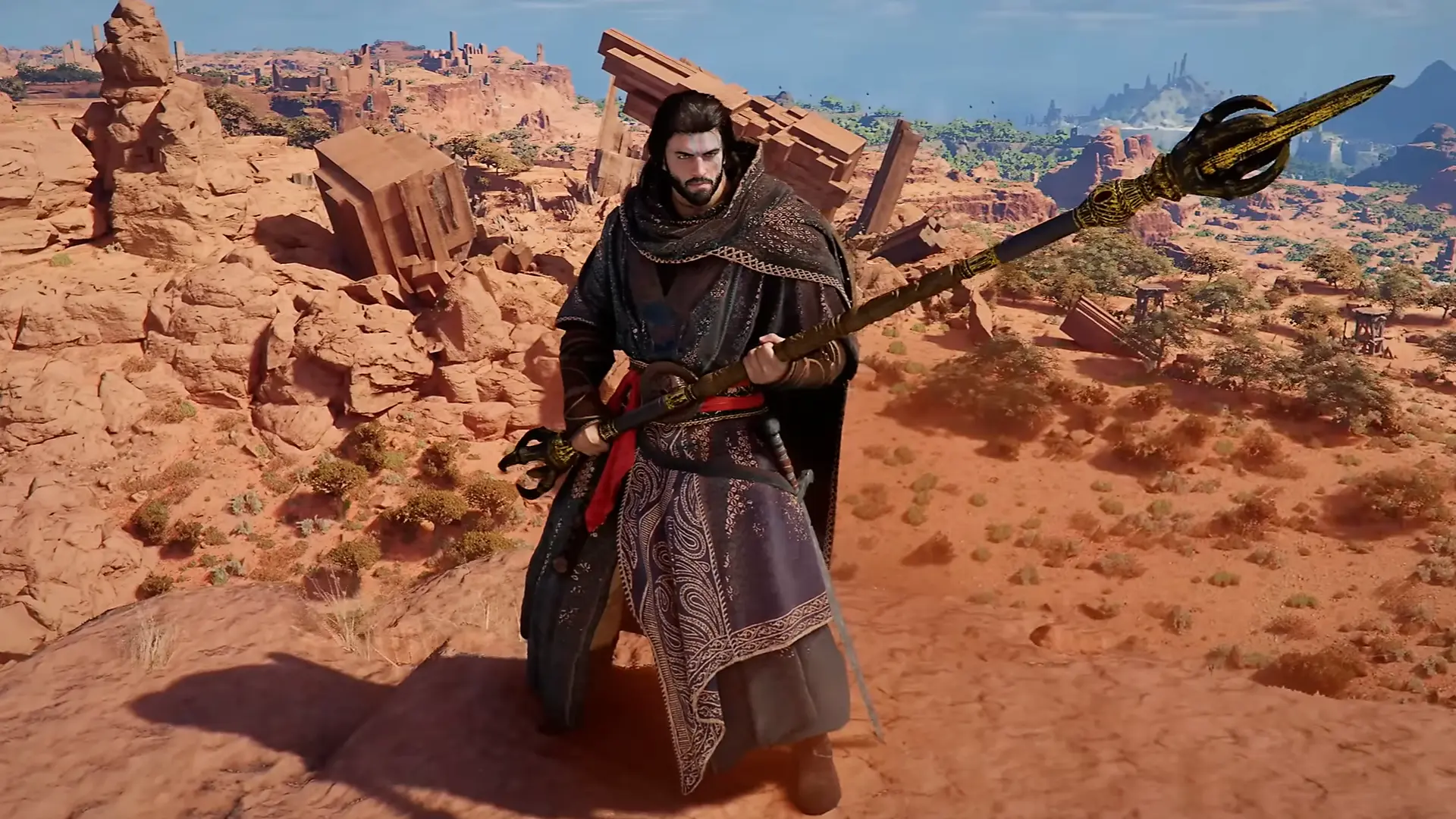 Crimson Desert main character wielding a spear, while standing idle in the desert.