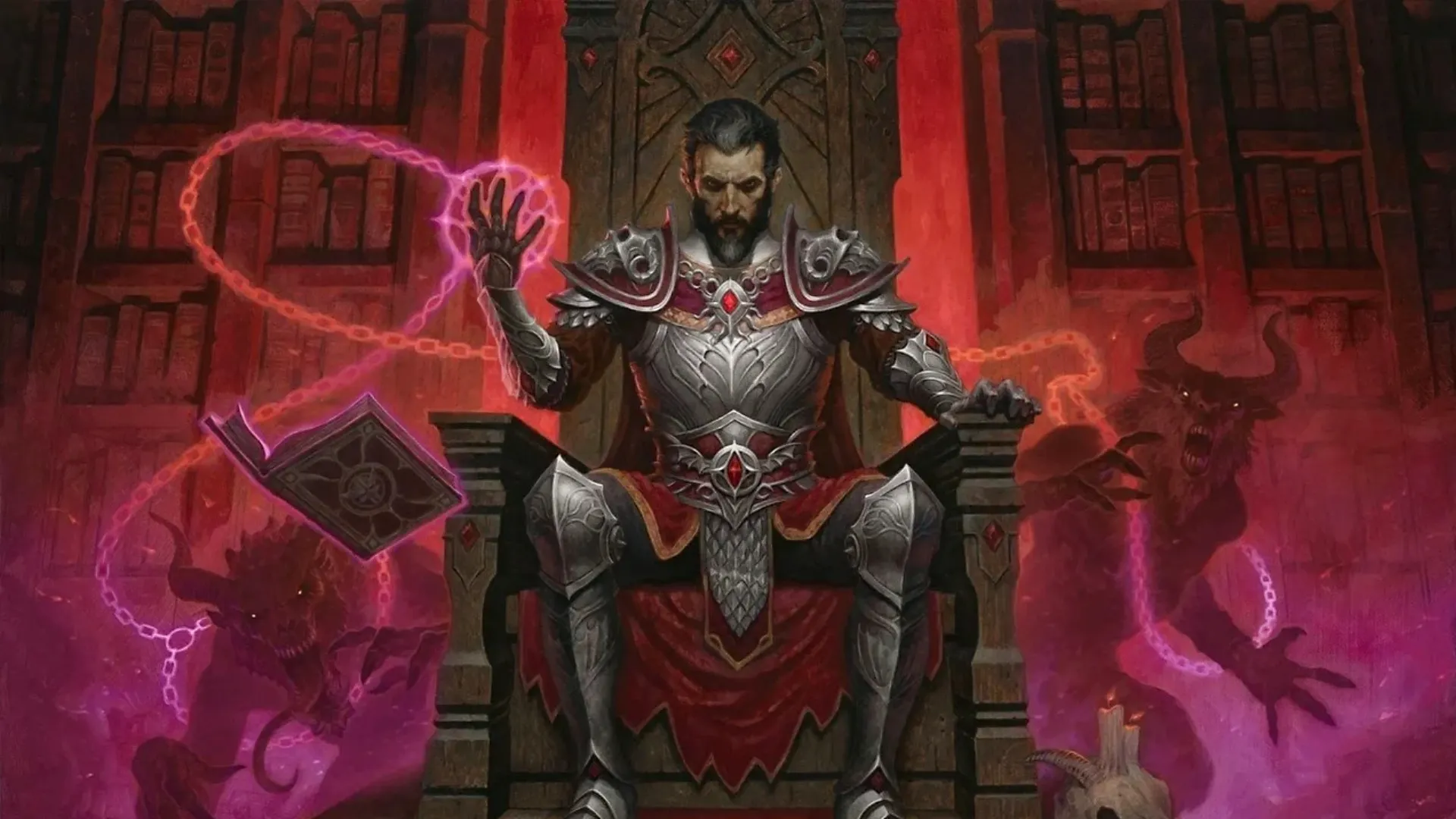 Reign of the Warlock official Warlock Class Art of character on throne