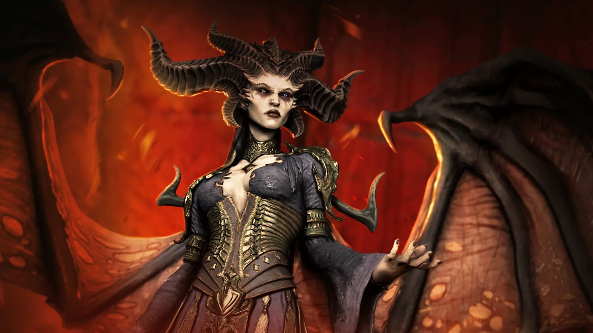 Official Blizzard Art of Lilith from Diablo 4. The image was used as promotion for the Sanctuary Discord Sitdown, and is zoomed in for a closer look at the character.
