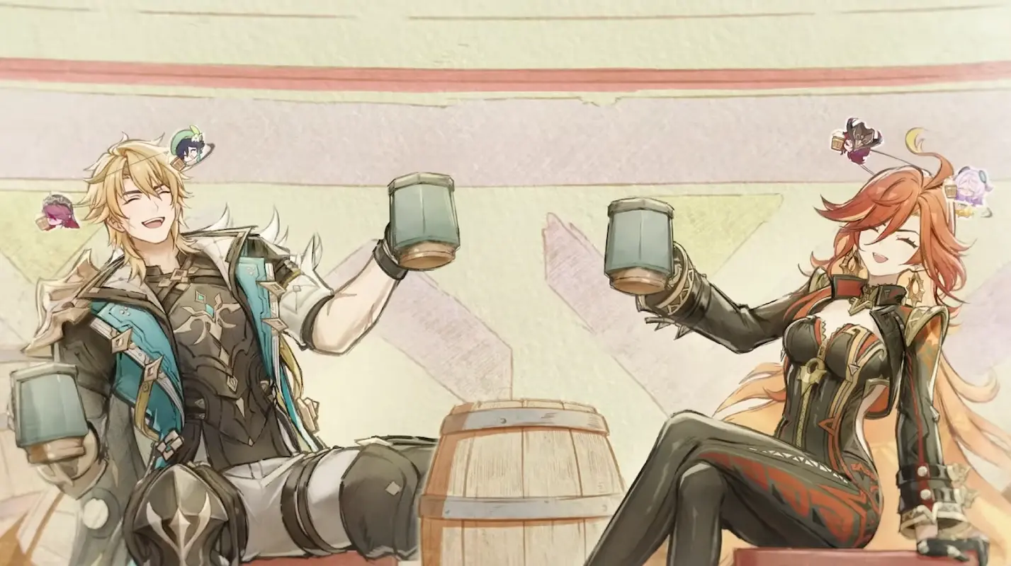 Varka and Mavuika sharing their country's best wine and mead