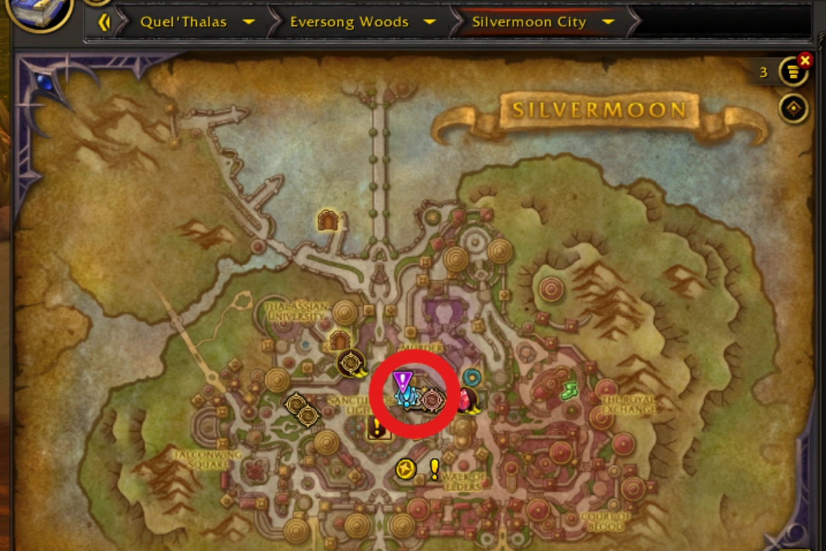 map of silvermoon, circling the weekly quest giver location
