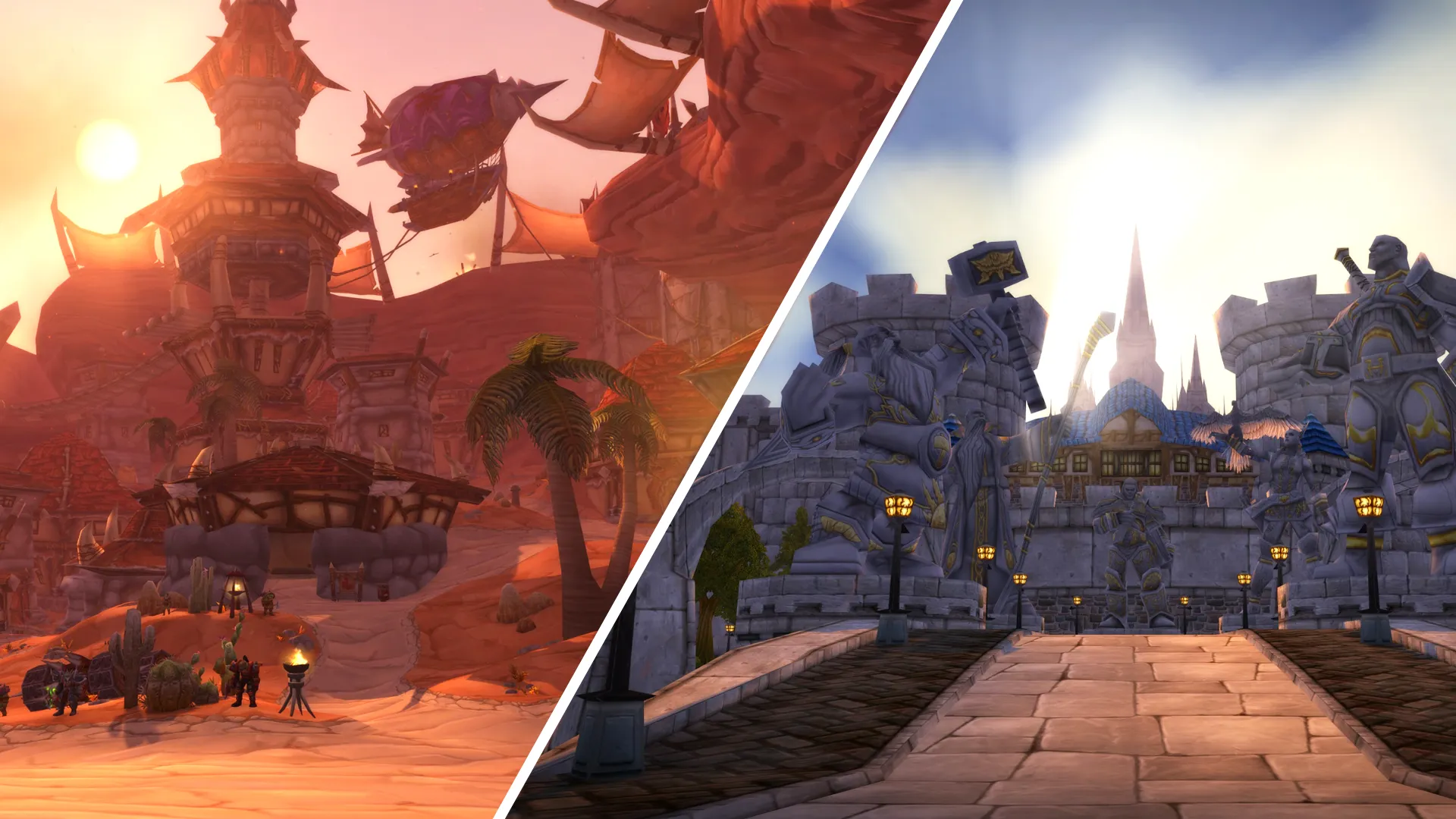 Split image comparison of Orgrimmar and Stormwind - World of Warcraft