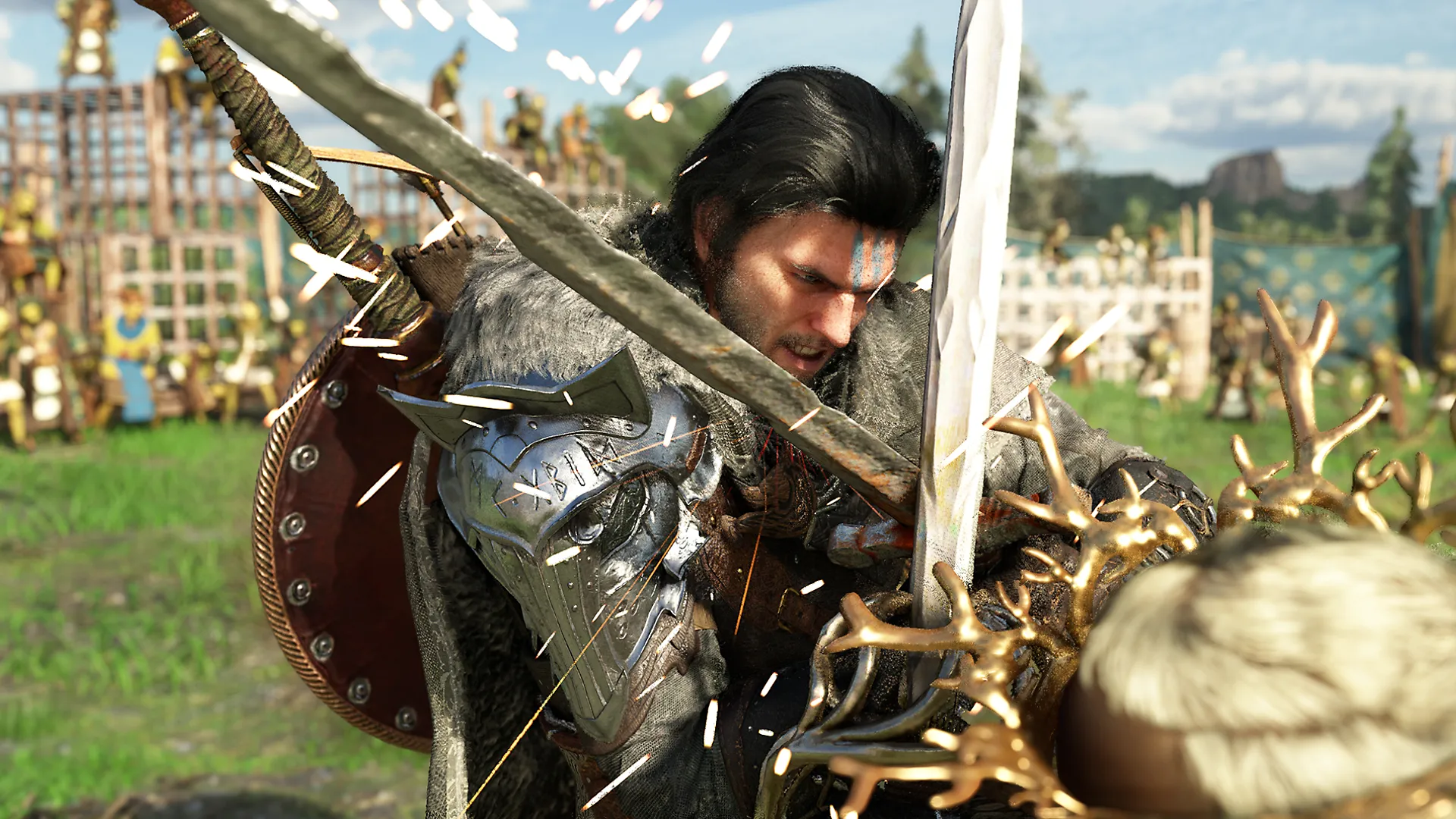 Combat fight scene with swords clashing between the main protagonist and another character of Crimson Desert